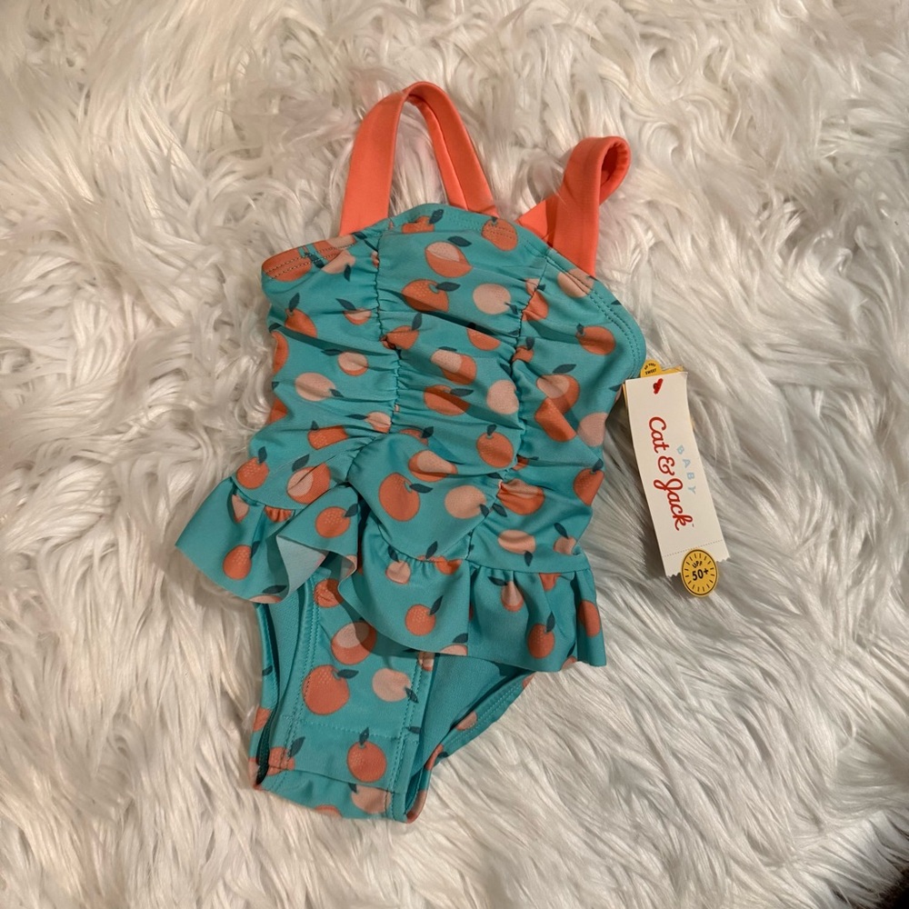Cat & Jack‎ Baby Girls Peach Print One-Piece Swimsuit Size 0-3M UPF 50+ NEW